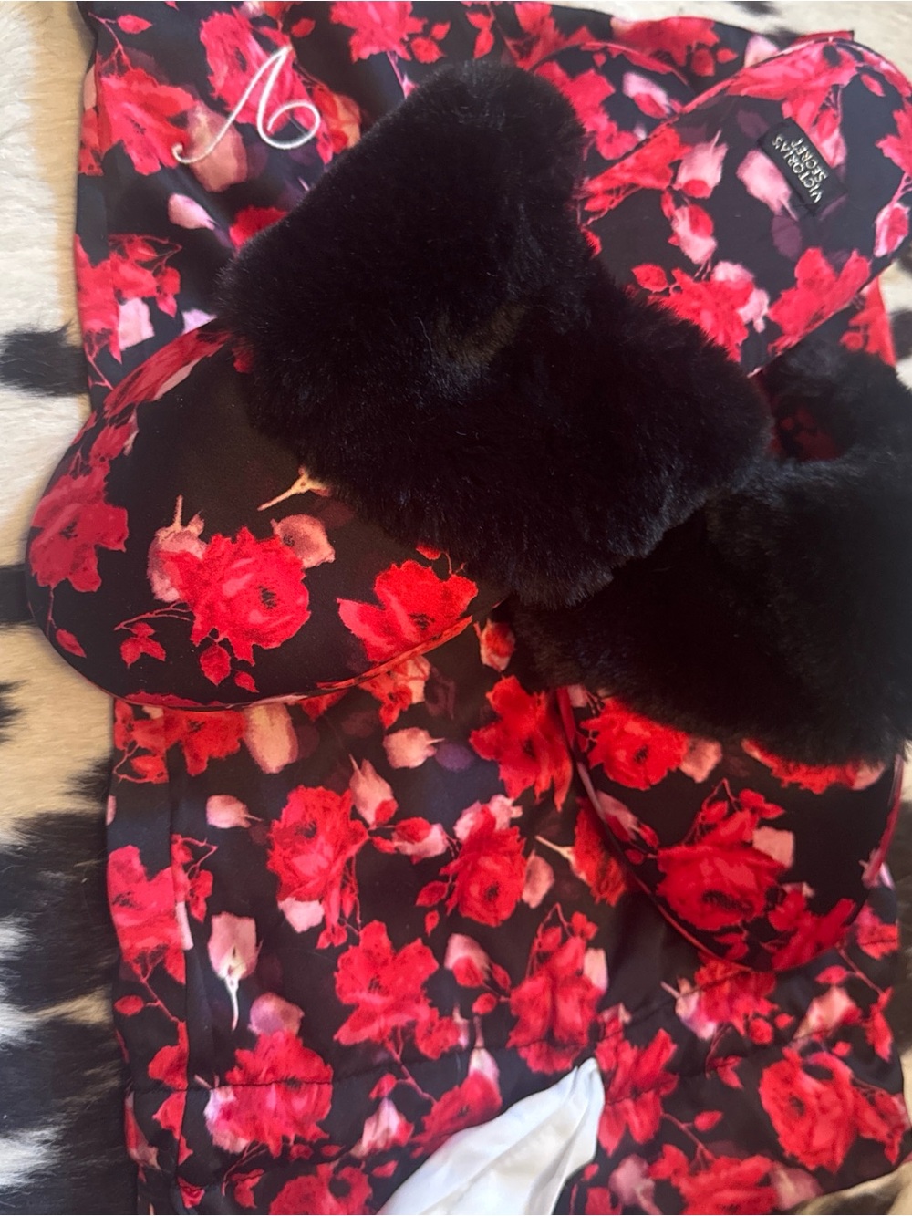 Victoria's Secret Black and Red Floral Faux Fur Slide Slippers